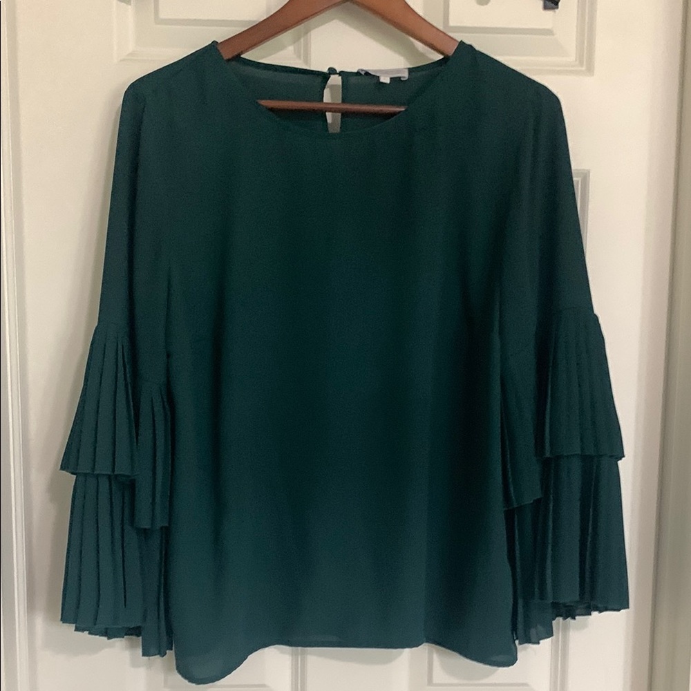1. State Green Bell Sleeve Pleated Blouse